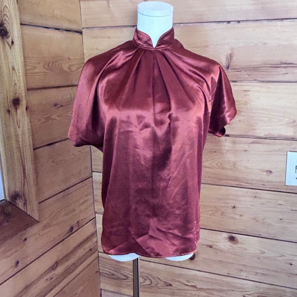 Vintage Silk Satin Blouse Womens Large Rust Copper Mock Neck Pleated Top LaRon